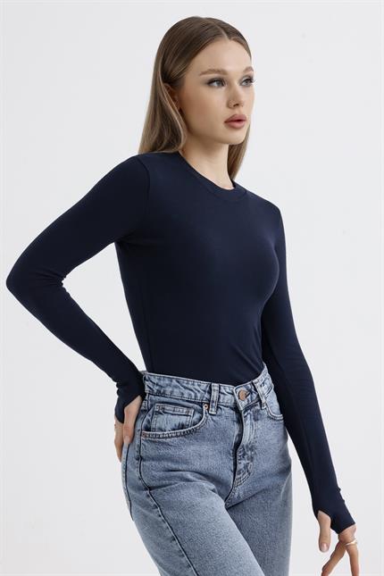 Parmak Detaylı Modal Bisiklet Yaka Body - Lacivert