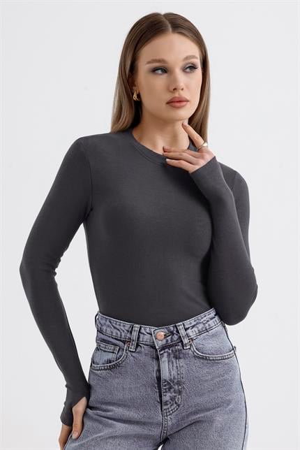 Parmak Detaylı Modal Bisiklet Yaka Body - Antrasit