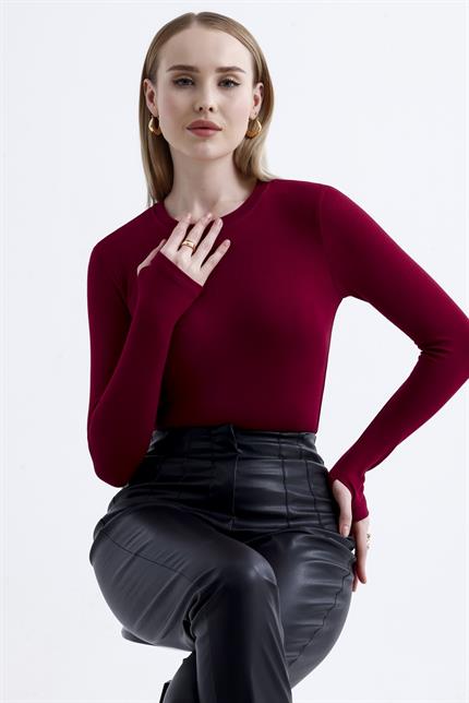 Parmak Detaylı Modal Bisiklet Yaka Body - Bordo