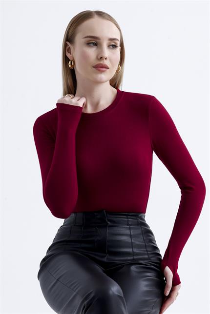 Parmak Detaylı Modal Bisiklet Yaka Body - Bordo