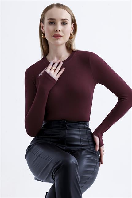 Parmak Detaylı Modal Bisiklet Yaka Body - Koyu Bordo
