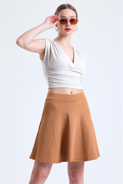 Pileli Kloş Mini Etek - Bisküvi