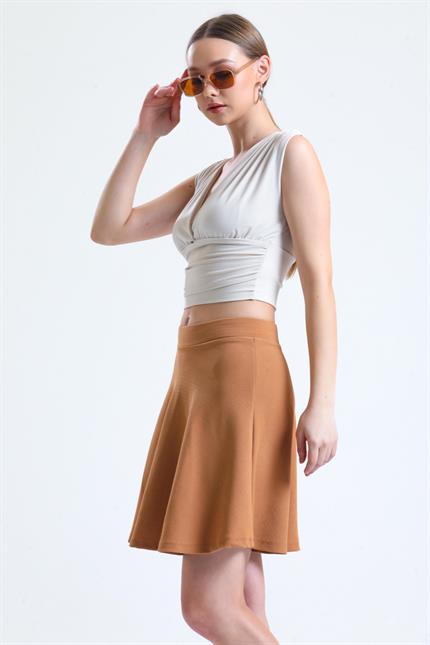 Pileli Kloş Mini Etek - Bisküvi