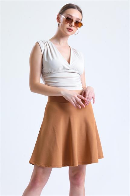 Pileli Kloş Mini Etek - Bisküvi