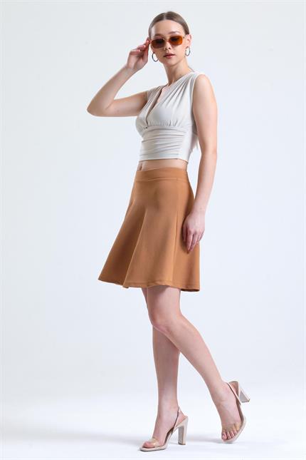 Pileli Kloş Mini Etek - Bisküvi