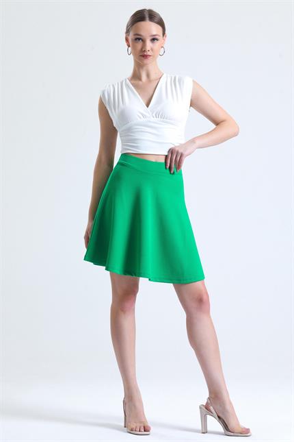 Pileli Kloş Mini Etek - Yeşil