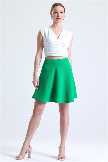 Pileli Kloş Mini Etek - Yeşil