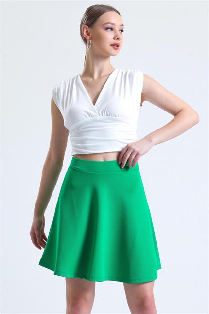 Pileli Kloş Mini Etek - Yeşil