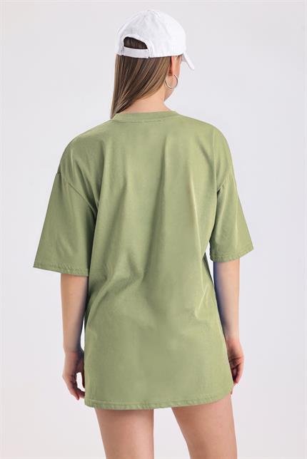 Pink Panter Baskılı Pamuklu Oversize Tişört - Olive