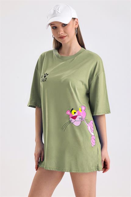 Pink Panter Baskılı Pamuklu Oversize Tişört - Olive