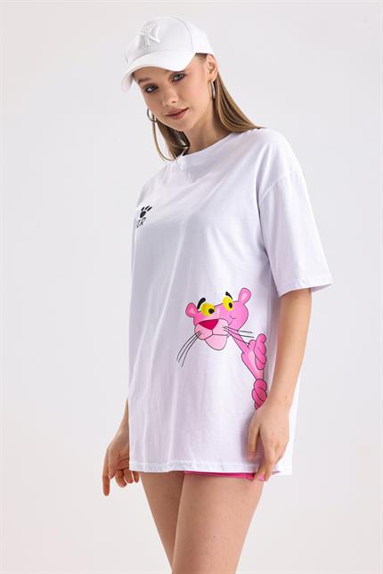 Pink Panter Baskılı Pamuklu Oversize Tişört - Beyaz