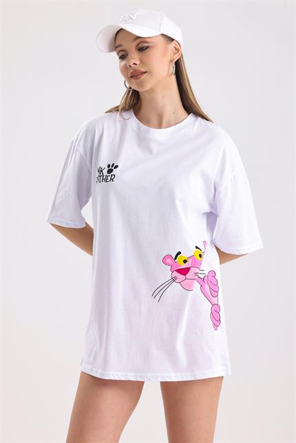 Pink Panter Baskılı Pamuklu Oversize Tişört - Beyaz