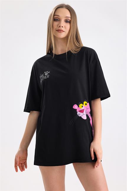 Pink Panter Baskılı Pamuklu Oversize Tişört - Siyah