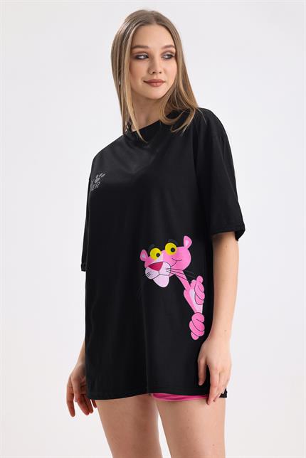 Pink Panter Baskılı Pamuklu Oversize Tişört - Siyah