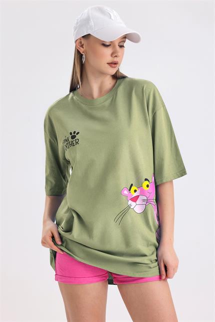 Pink Panter Baskılı Pamuklu Oversize Tişört - Olive
