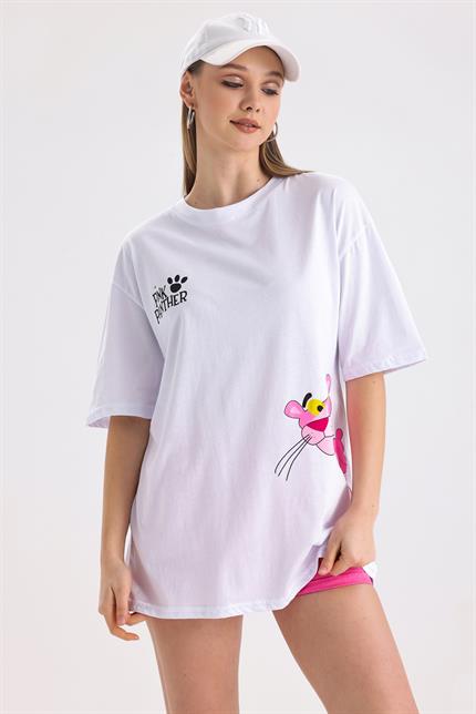 Pink Panter Baskılı Pamuklu Oversize Tişört - Beyaz