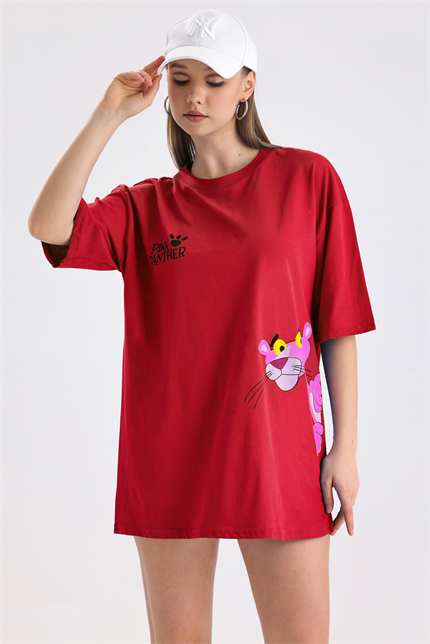 Pink Panter Baskılı Pamuklu Oversize Tişört - Kırmızı