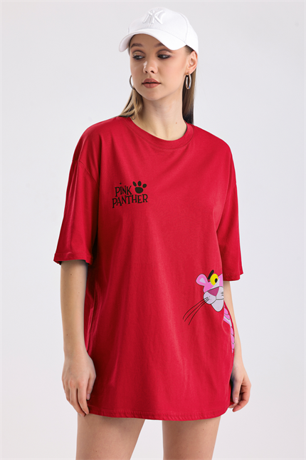 Pink Panter Baskılı Pamuklu Oversize Tişört - Kırmızı