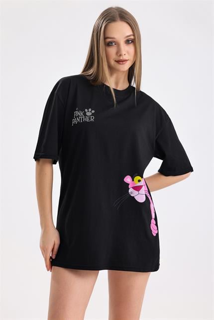 Pink Panter Baskılı Pamuklu Oversize Tişört - Siyah