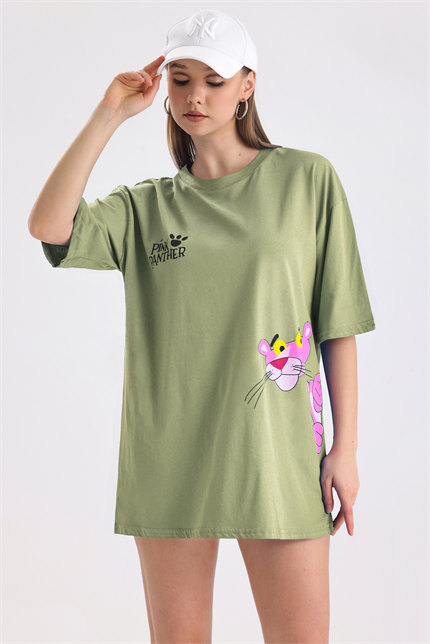 Pink Panter Baskılı Pamuklu Oversize Tişört - Olive