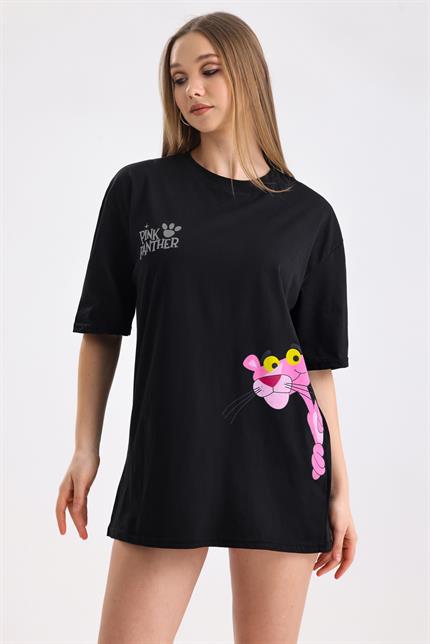 Pink Panter Baskılı Pamuklu Oversize Tişört - Siyah