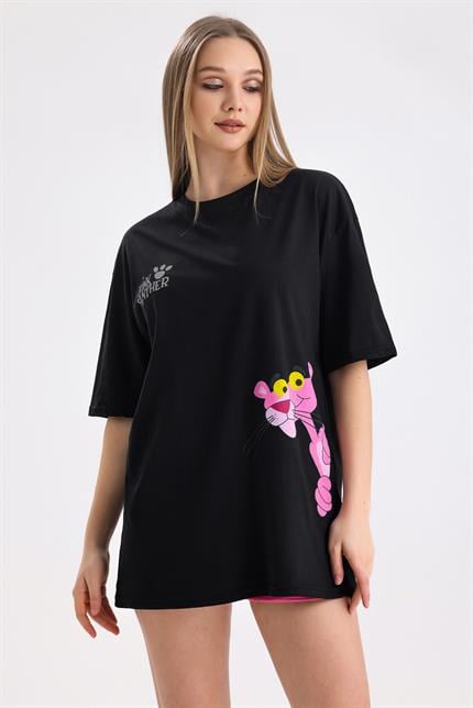 Pink Panter Baskılı Pamuklu Oversize Tişört - Siyah