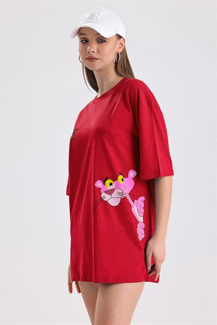 Pink Panter Baskılı Pamuklu Oversize Tişört - Kırmızı
