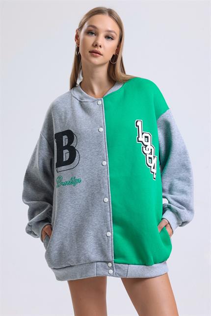 Renk Bloklu Baskılı Çıtçıt Kapamalı Şardonlu Oversize Kolej Ceket - Yeşil