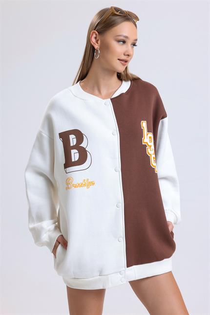 Renk Bloklu Baskılı Çıtçıt Kapamalı Şardonlu Oversize Kolej Ceket - Ekru