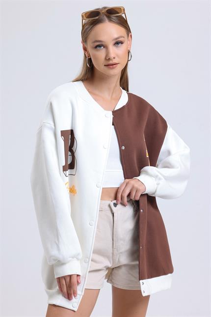 Renk Bloklu Baskılı Çıtçıt Kapamalı Şardonlu Oversize Kolej Ceket - Ekru