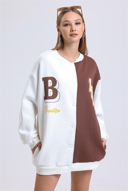 Renk Bloklu Baskılı Çıtçıt Kapamalı Şardonlu Oversize Kolej Ceket - Ekru
