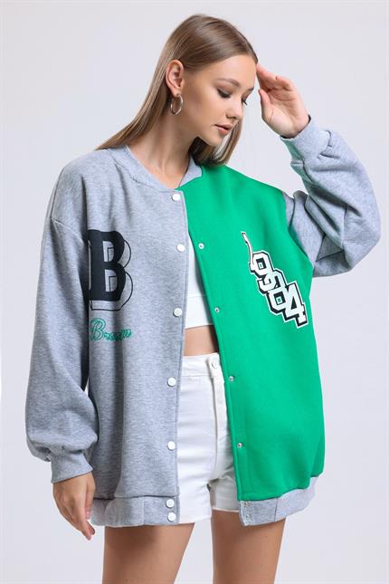 Renk Bloklu Baskılı Çıtçıt Kapamalı Şardonlu Oversize Kolej Ceket - Yeşil