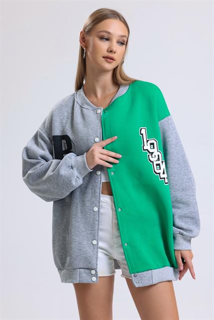 Renk Bloklu Baskılı Çıtçıt Kapamalı Şardonlu Oversize Kolej Ceket - Yeşil