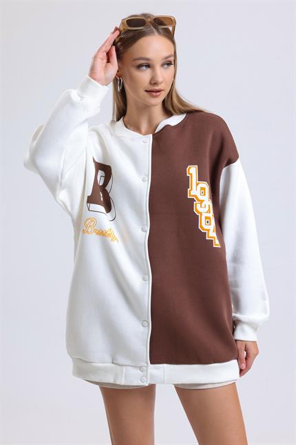 Renk Bloklu Baskılı Çıtçıt Kapamalı Şardonlu Oversize Kolej Ceket - Ekru