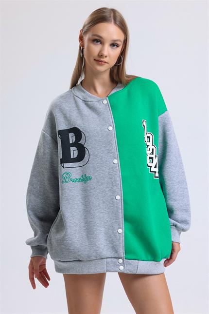 Renk Bloklu Baskılı Çıtçıt Kapamalı Şardonlu Oversize Kolej Ceket - Yeşil