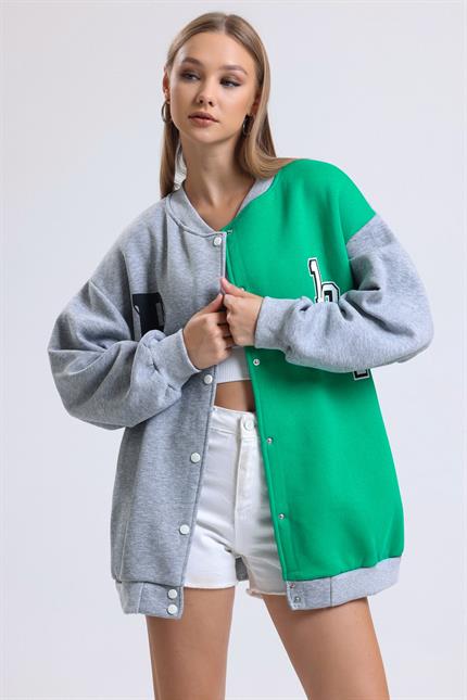 Renk Bloklu Baskılı Çıtçıt Kapamalı Şardonlu Oversize Kolej Ceket - Yeşil
