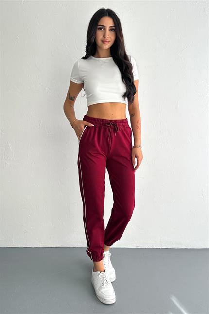 Şerit Detaylı Paça Lastikli Kompakt Penye Eşofman - Bordo