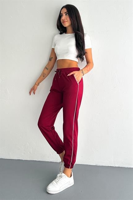 Şerit Detaylı Paça Lastikli Kompakt Penye Eşofman - Bordo