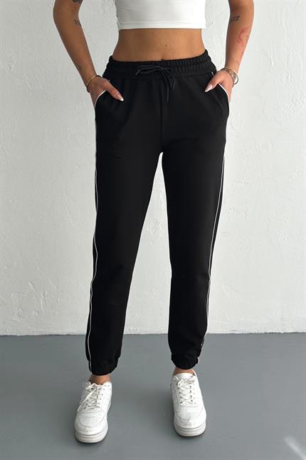 Şerit Detaylı Paça Lastikli Kompakt Penye Eşofman - Siyah