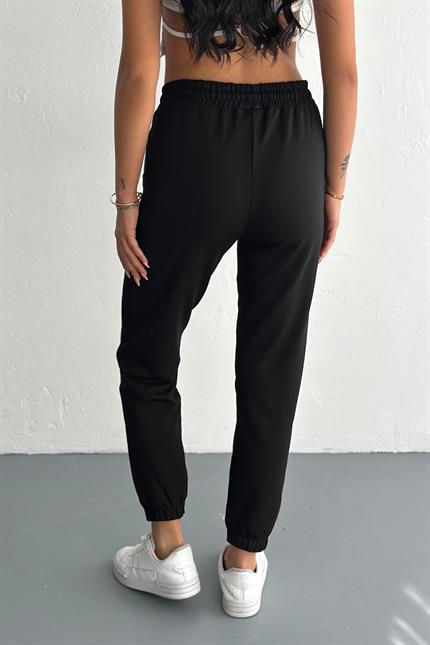 Şerit Detaylı Paça Lastikli Kompakt Penye Eşofman - Siyah