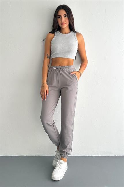 Şerit Detaylı Paça Lastikli Kompakt Penye Eşofman - Füme