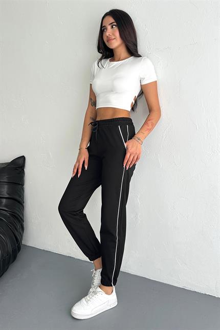 Şerit Detaylı Paça Lastikli Kompakt Penye Eşofman - Siyah