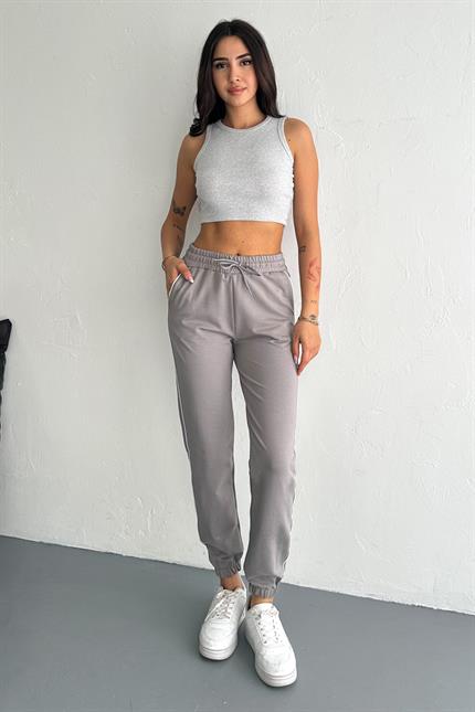 Şerit Detaylı Paça Lastikli Kompakt Penye Eşofman - Füme