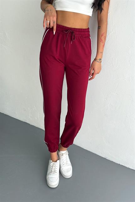 Şerit Detaylı Paça Lastikli Kompakt Penye Eşofman - Bordo