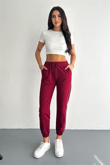 Şerit Detaylı Paça Lastikli Kompakt Penye Eşofman - Bordo