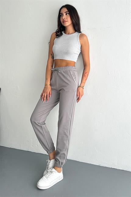 Şerit Detaylı Paça Lastikli Kompakt Penye Eşofman - Füme