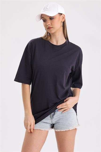 Sırt Baskılı Pamuklu Oversize Tişört - Antrasit