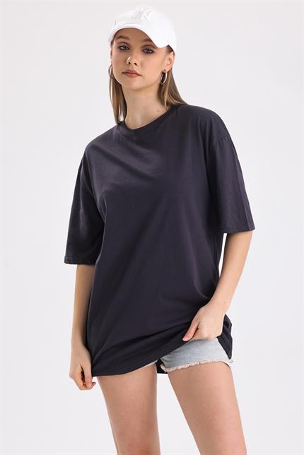 Sırt Baskılı Pamuklu Oversize Tişört - Antrasit