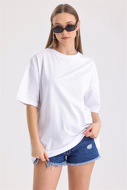 Sırt Baskılı Pamuklu Oversize Tişört - Beyaz