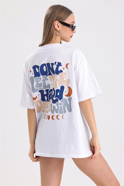 Sırt Baskılı Pamuklu Oversize Tişört - Beyaz